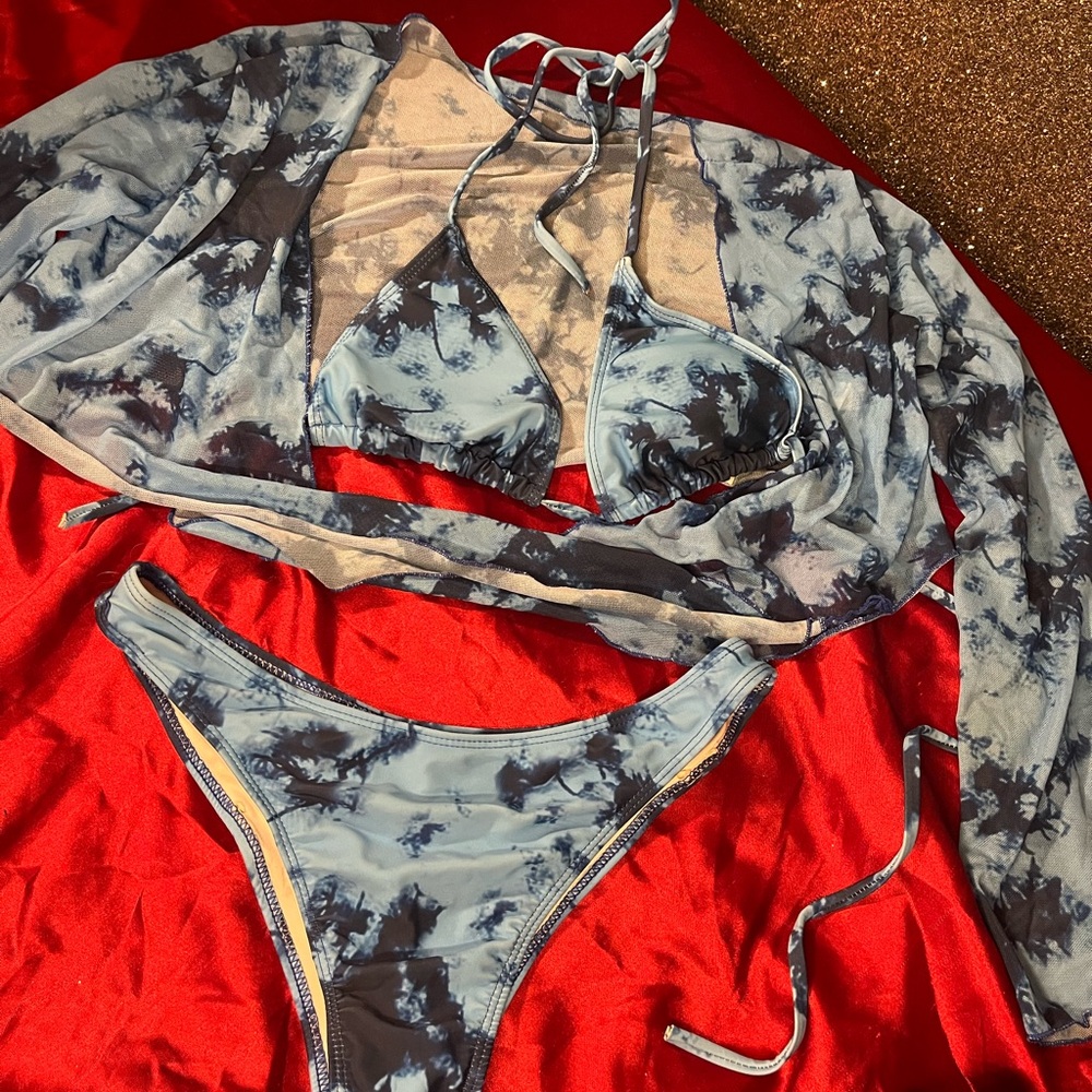Blue and Black Tie-Dye Bikini Set with Cover-Up
